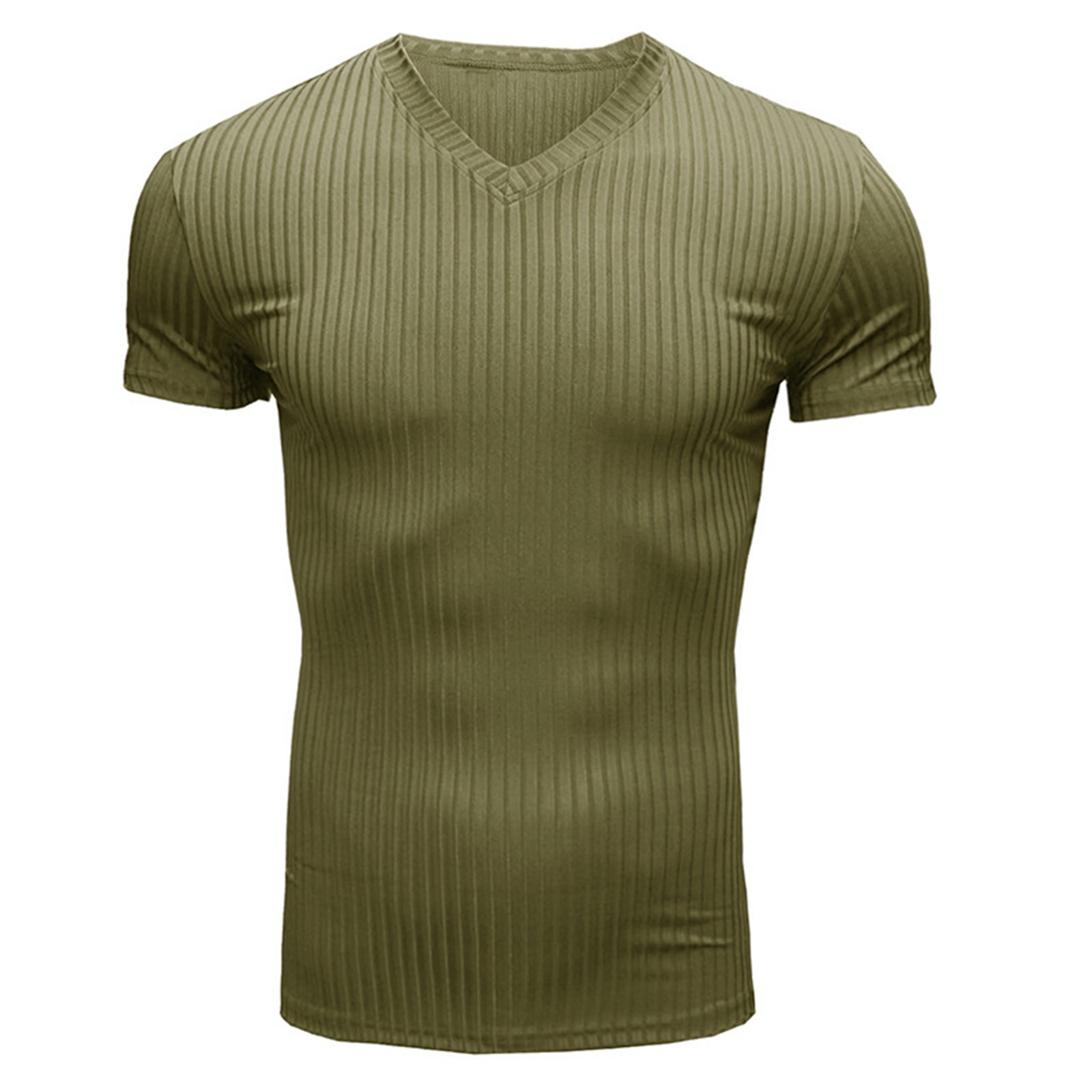 thumbnail image 2 of Camiseta de cuello en V ajustada para hombre: camiseta elástica de manga corta para culturismo, 95 % poliéster, 5 % elastano, tejido de canalé para el gimnasio y el entrenamiento., 2 of 6